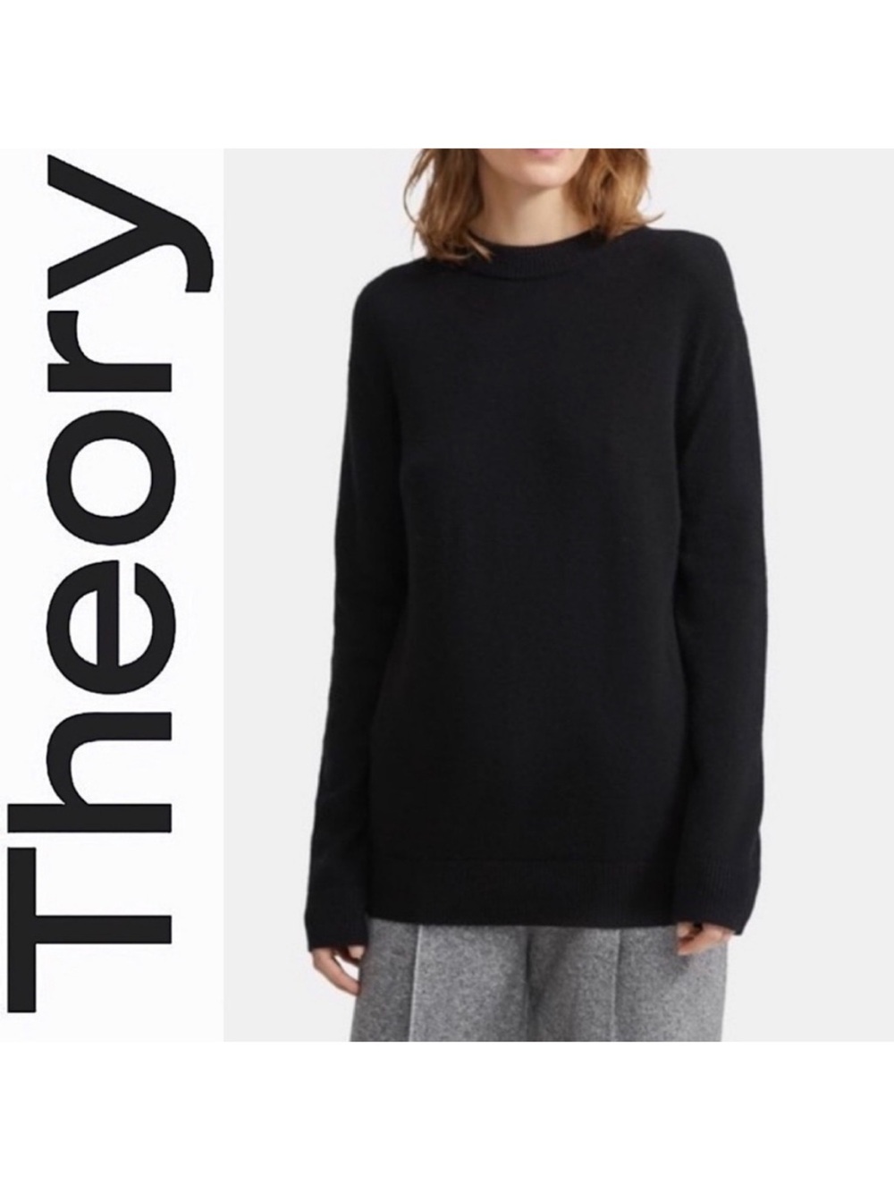Theory Solid Crew Neck Feather 100% Cashmere Sweater Pullover Black S